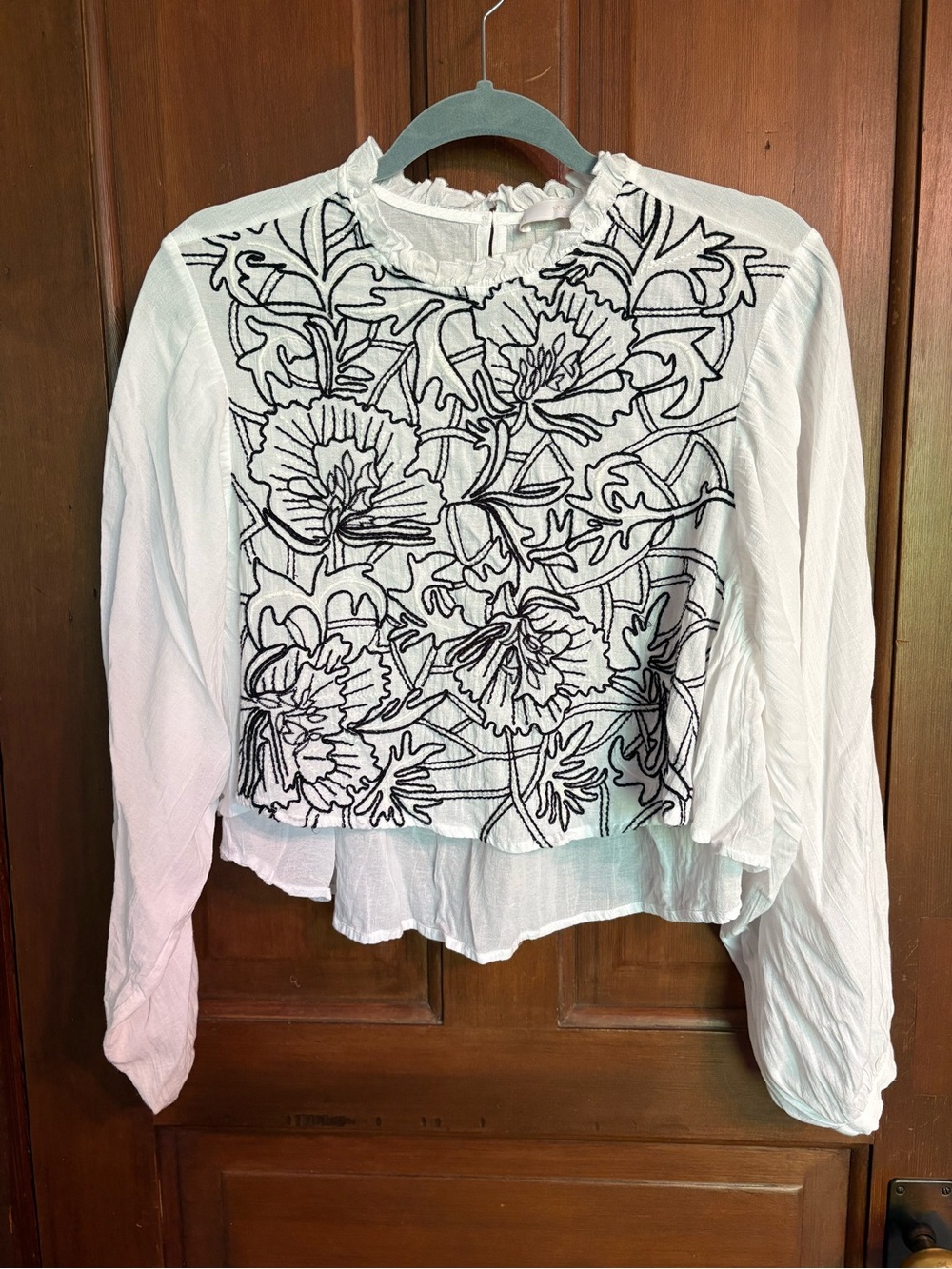 Mango White Crop Top with Black Floral Outline Embroidery